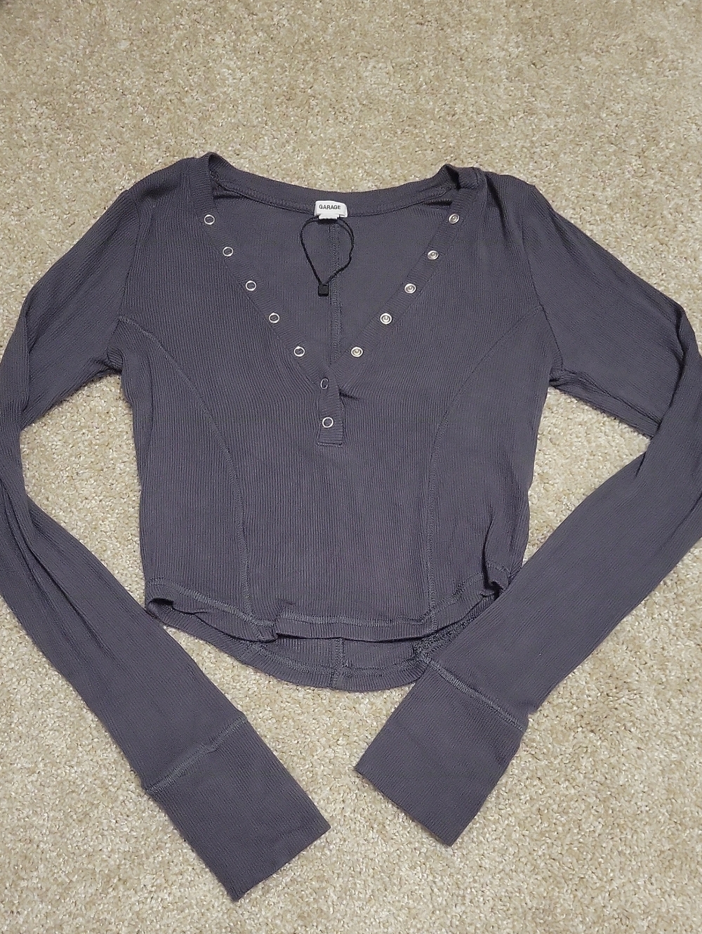 Garage Long Sleeve Ribbed Henley Top β Charcoal